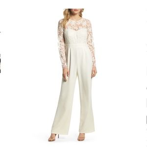 Embroidered Bodice Wide Leg Jumpsuit Ivory